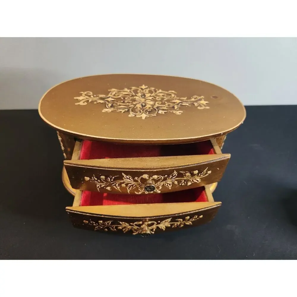 Vintage wood Florentine Jewelry Box-2 Drawers-Gold music box